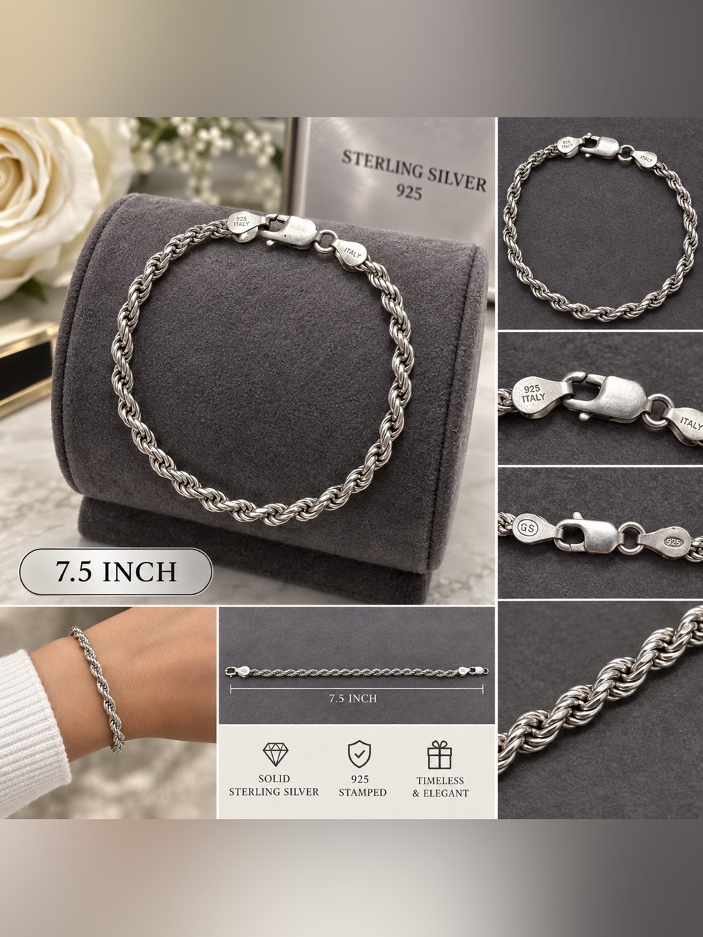 Sterling Silver 925 Rope Bracelet in Silver - 7.5"